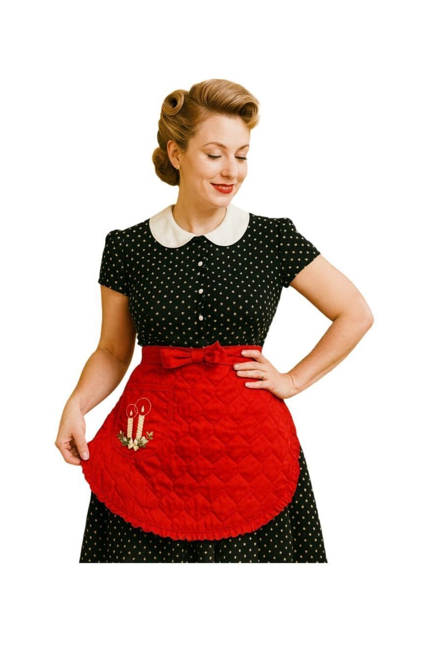 Vintage quilted red Christmas embroidered pocket apron.
